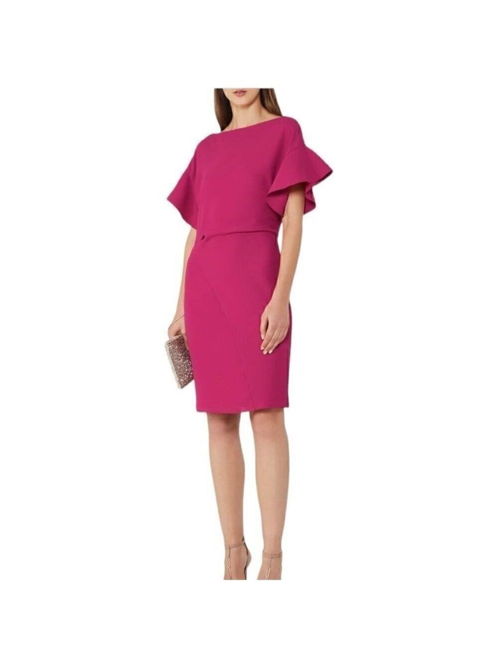 Reiss Manila Fuchsia Pink Knee Length Ruffle Sleeve Dress Size 8